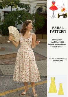 digital pattern Sweetheart Neckline Pattern, Neckline Pattern, Short Sleeve Floral Dress, Dress Sewing Pattern, Digital Pattern, Sweetheart Neckline, Diy Clothes, Midi Length, Floral Dress