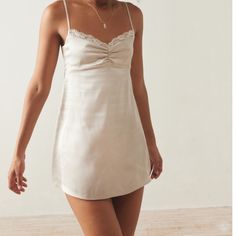 New With Tags Slip Dress From Urban Outfitters! Size Small, In Champagne White Silk Slip Dress Short, Silk White Dress Short, Feminine Fitted Slip Dress For Day Out, Summer Mini Dress For Sleep, Mini Length Slip Dress With Lace Trim For Brunch, Lace Trim Mini Slip Dress For Brunch, Mini Slip Dress With Lace Trim For Brunch, Chic White Sleep Dress, Chic Mini Length Slip Dress For Sleep