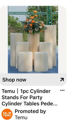 the text reads, shop now temu 1 pc cylinder stands for party cylinder tables ped