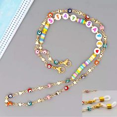 Evil Eyes Beaded Necklace Eyeglasses Holder Chain Face Mask Holder Chain Multi-Color Pastel Colored Beads Two Silicone Attachments Are Included B27-04 Trendy Gold Beads For Summer, Gold Beaded Chain For Summer, Gold Glasses Chains With Colorful Glass Beads, Gold Beaded Necklaces With Letter Beads For Beach, Bohemian Gold Glasses Chains With Colorful Beads, Yellow Glass Beaded Necklace, Eyeglass Chain Holders, Leather Eyeglass Cases, Face Mask Holder