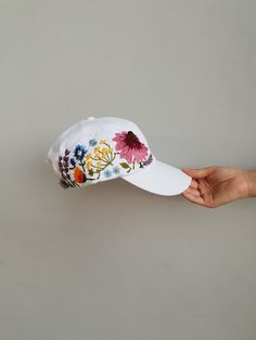 Custom Hand Stitched Hat / Hand Embroidered Hat / Flower Baseball Cap Floral hat / Colorful hat / Bo White Cotton Hats With Custom Embroidery, Custom Embroidered White Hat, White Embroidered Cotton Baseball Cap, White Custom Embroidered Hat, White Embroidered Visor Baseball Cap, White Embroidered Baseball Cap With Flat Brim, White Embroidered Hat One Size, White Hats With Floral Embroidery For Spring, White Baseball Cap With Custom Embroidery