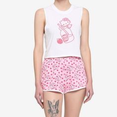 Hello Kitty Strawberry Milk Tank & Shorts Girls Lounge Set Hello Kitty Is Here To Keep You Cool And Refreshed! Relax With Sweet Style In This Adorable Lounge Set. It Includes A White Muscle Tank Featuring A Print Of Hello Kitty On Top Of A Bottle Of Strawberry Milk. The Matching Pink Shorts Feature An Allover Strawberry And Strawberry Milk Carton Print, And Come With An Elasticated Waistband For Comfort. Top: 100% Cotton Shorts: 95% Cotton; 5% Spandex Wash Cold; Dry Low Imported Listed In Junior Kawaii Cotton Bottoms For Summer, Kawaii Cotton Summer Bottoms, Kawaii Style Cotton Bottoms For Summer, Kawaii Cotton Sleepwear For Summer, White Cotton Kawaii Bottoms, Cute Cotton Short Sleepwear, Cute Cotton Sleepwear Short Length, Playful White Sleeveless Sleepwear, Playful White Pajama Shorts For Pajama Party