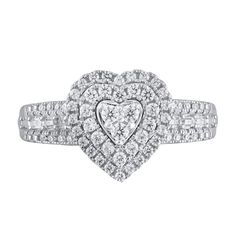 a heart shaped diamond ring with two rows of diamonds on the band and one row of round