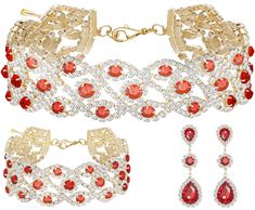 PRICES MAY VARY. ❤ FLOWER DESIGN: women bridal bridesmaids costume jewelry set for women red ruby garnet birthstone floral statement necklace earrings bracelets jewelry sets are flower design. The flower design rhinestone dotted with the white round crystal, the classic and elegant design always keep pace with fashion, never goes out of style. Easy to match any outfits. It makes you impressive anytime any occasion. ❤ Brand Name: Paxuan. Material: AAA quality Austrian crystal rhinestone. Size: Ne Elegant Metal Bridal Sets For Party, Elegant Jeweled Crystal Jewelry Sets, Elegant Crystal Jeweled Jewelry Sets, Elegant Metal Jewelry Sets For Party, Crystal Jewelry Sets For Anniversary On Valentine's Day, Crystal Jewelry Sets For Anniversary And Valentine's Day, Elegant Crystal Jewelry Sets For Party, Elegant Jewelry Sets With Jewels For Party, Metal Jewelry For Wedding