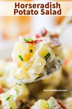 a spoon full of potato salad with text overlay