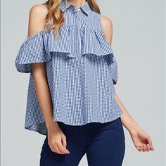 Gingham Ruffle Top With Collar And Buttons And Trendy Cold Shoulder Chic Plaid Blouse For Picnic, Plaid Ruffled Blouse For Day Out, Plaid Ruffle Blouse For Day Out, Chic Gingham Blouse For Brunch, Gingham Blouse With Ruffles For Day Out, Spring Houndstooth Pattern Blouse, Top With Collar, Cold Shoulder Top, Ruffle Top