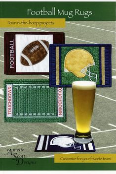 a beer glass sitting on top of a table next to a football mat and rug