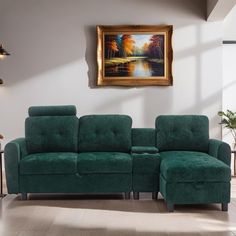 a living room scene with focus on the green couch and reclining chair in the foreground