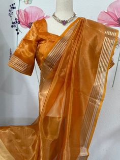 Amazing silk mark certified Banarasi tissue saree blouse size 36-40 fall & pico done. Comes with in-skirt Exclusive sarees from Haas Gold Organza Pre-draped Saree For Navratri, Tissue Silk Dupatta For Navratri, Tussar Silk Blouse Piece For Party, Traditional Saree With Unstitched Organza Blouse, Navratri Pre-draped Tussar Silk Saree With Sheer Dupatta, Orange Silk Pre-draped Saree, Diwali Sheer Dupatta Tissue Silk Blouse Piece, Diwali Tissue Silk Blouse Piece With Sheer Dupatta, Bollywood Tussar Silk Blouse Piece For Party