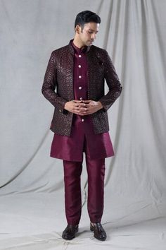 Maroon long jacket with abstract, geometric, sequin embroidery. Paired with an inner kurta. Comes along with a pant. - Aza Fashions Designer Long Sleeve Sets With Mirror Work, Designer Kurta With Geometric Embroidery For Festive Occasions, Traditional Long Sleeve Sherwani With Geometric Embroidery, Diwali Sequins Bandhgala With Long Sleeves, Festive Designer Sets With Geometric Embroidery, Fitted Traditional Wear With Geometric Embroidery For Eid, Traditional Long Sleeve Sequined Bandhgala, Festive Long Sleeve Sets With Geometric Embroidery, Long Sleeve Nehru Jacket With Mirror Work For Reception