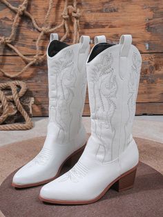 2024 New Spring & Autumn Collection White Pointed Toe Embroidered Western Style Riding Boots, Cowboy Boots For Women Fall For Christmas And New Year Holiday White Fashionable    Plain Western Boots   Women Shoes, size features are:Bust: ,Length: ,Sleeve Length: Cute White Cowgirl Boots, Wedding White Boots, White Boots Cowgirl, Women’s Cowboy Boots, Western Wedding Boots, White Wedding Boots, Style Riding Boots, Wedding Cowboy Boots, Cheer Banquet