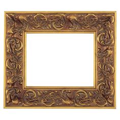 an ornate wooden frame with gold paint on the edges and scrolly designs, isolated against a white background