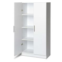 a white cabinet with two shelves and one door open on the right side, in front of a white background