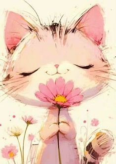 a painting of a cat holding a pink flower in it's paws with its eyes closed