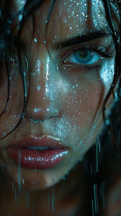 a woman with blue eyes and rain drops on her face is shown in the image