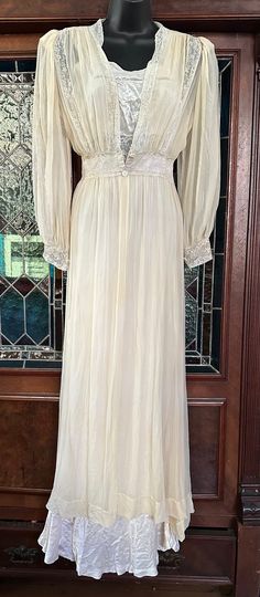 Beautiful twinsette,-Daphne peignoir circa 1930s in a very light peachy beige color. peignoir and negligee. Peignoir measures 65 in. length,34 bust,26 in.waist and 34 in.hip,with 24 in. outer and 16 in.underarm. Negligee measures 58 in. cut on bias,32,34,36 in. hip and 16 inch shoulder. All sales final. there are a few mends needed and shown in pictures. Lace Outer, Silk Charmeuse, Silk Chiffon, Beige Color, Lingerie Set, Chiffon, Lingerie, Silk, Lace