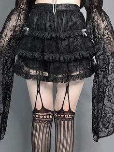 Features: It features elastic waist, flounce mini skirt.  Fabric: Polyester  Attention: This price includes a skirt only, others are not inlcuded.  Size Chart:   	 		 			Size(cm) 			S 			M 			L 		 		 			Length 			35 			36 			37 		 		 			Waist 			64 			68 			72 		 		 			Hips 			98 			102 			106 Summer Ball, Gothic Skirt, Gothic Lace, Slay Outfits, Gothic Skirts, Gothic Cross, Lolita Outfits, Flounce Skirt, Dark Gothic