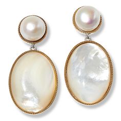 Colleen Lopez Cultured Pearl and Mother-of-Pearl Oval Drop Earrings  Add a touch of sophisticated style to any outfit with these shimmering mother-of-pearl drop earrings. Oval drops, topped with pretty pearls and embellished with goldtone accents, are sure to make any occasion seem extra-special!       Approx. 1-11/16"L x 13/16"W     Stamped .925; rhodium plating; goldtone accents     Pierced with clutch backs     Earrings have oval-shaped drops of white, mother-of-pearl     Drops connect to rou Luxury Oval Pearl Drop Jewelry, Elegant Oval Clip-on Jewelry, Luxury Formal Pearl Earrings With Mother Of Pearl, Classic White Mother Of Pearl Earrings, Luxury Mother Of Pearl Earrings For Formal Occasions, Formal Mother Of Pearl Round Earrings, Teardrop Mother Of Pearl Earrings For Formal Occasions, Pearl White Formal Earrings With High Luster, Oval Pearl Charm Earrings For Wedding