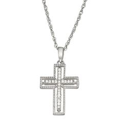 "Showcase the strength of your faith with this beautiful sterling silver diamond cross pendant necklace. Showcase the strength of your faith with this beautiful sterling silver diamond cross pendant necklace. Pendant size: 1.12""L x 0.59""W Chain length: 18 in. Chain type: rope Clasp: spring-ring Metal: sterling silver Plating: rhodium Finish: polishedDIAMOND DETAILS Total weight: 1/6 ct. Shape: round Setting: prong Diamond weights are approximate. Diamond total weights may vary between .01 and Diamond Cross Pendants, Diamond Cross, Ring Metal, Cross Pendant Necklace, Silver Diamonds, Metal Rings, Spring Rings, Necklace Pendant, Chain Lengths