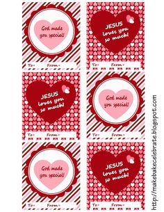 four valentine's day gift tags with hearts and the words jesus loves you so much