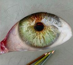 a drawing of an eye with colored pencils next to it