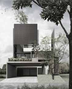 an architectural rendering of a modern building with trees in the foreground and clouds in the background