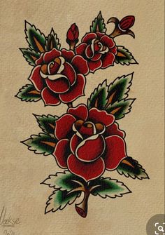 a drawing of three red roses with green leaves