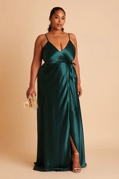 Cindy Plus Size Satin Bridesmaid Dress Emerald | Birdy Grey Emerald Bridesmaid Dress, Jewel Tone Bridesmaid, Emerald Bridesmaid, Emerald Green Bridesmaid Dresses, Cindy Dress, Satin Gowns, Emerald Bridesmaid Dresses, Satin Wrap Dress, Birdy Grey