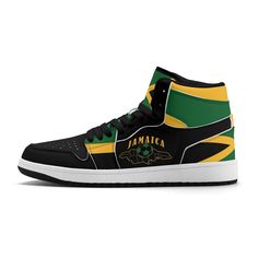 Our Jamaican Sneakers or Rasta Shoes for men and women are inspired by iconic hightop basketball shoes and footwear, these kicks are the perfect blend of street style and athletic performance.  These are some eye-catching Jamaican Sneakers. Whether you're dominating the basketball court or strutting down the city streets, these shoes offer the ultimate comfort and style.  🌟 Key Features: - 100% vegan leather, combining ethical practices with premium quality. - Our soft EVA soles and TPR outsole Rasta Shoes, Jamaican Flag, Rasta Colors, Shoes Custom, Sneakers Athletic, Sneakers For Men, Gym Shoes, Athletic Performance, National Flag