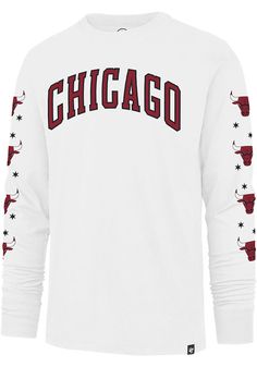 Support your Chicago Bulls in this White Long Sleeve Fashion Tee! This City Edition Downtown Franklin Fashion T Shirt features a soft material with a crew neckline and screen printed team graphics. Be ready to shout "Go Bulls" when you wear this Chicago Long Sleeve Fashion T Shirt in the stadium or on the street. Screen printed team graphic on center chest, Officially Licensed, 47 Branding Logo on Lower Left Waist, Comfortable Material, Unisex, Fit: True to Size, 100% Cotton, Machine Washable, 4 Graphic Print Crew Neck Top For Fans, Long Sleeve T-shirt With Team Logo For Streetwear, Sporty Long Sleeve T-shirt With Team Logo, White Long Sleeve T-shirt For Sports Season, Sports Season Jersey Crew Neck Tops, Sports Season Jersey Tops With Crew Neck, Collegiate Crew Neck Tops For Streetwear, Long Sleeve Graphic Print T-shirt For Sports Fans, Jersey Crew Neck Tops For Sports Season