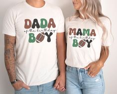 a man and woman wearing matching tshirts that read dada, the birthday boy