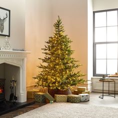 a christmas tree in a living room next to a fire place with presents under it