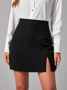 Black Elegant   Polyester Plain Straight Embellished Non-Stretch Summer Women Bottoms A Line Skirt Outfits, Black Mini Skirt Outfit, Black Straight Skirt, Dark Skirts, Black Skirt Outfits, Short Black Skirt, Business Skirt, Rock Outfit, Stylish Work Attire