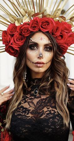 Katrina Halloween Costume, Glam Catrina Makeup, Day Of The Dead Makeup Tutorial Easy, Half Catrina Makeup, Glam Sugar Skull Makeup, Catrina Hairstyle, Catrina Costume Make Up, Sugar Skull Costume Outfit Diy, Catrina Outfit Costume Ideas