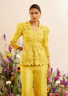 Chandrima | Yellow Cutwork Jacket | INDIASPOPUP.COM Yellow Cutdana Sets For Spring, Designer Lace Work Sets For Spring, Spring Cutdana Set With Long Sleeves, Spring Cutdana Long Sleeve Sets, Spring Long Sleeve Cutdana Sets, Fitted Cutwork Sets, Fitted Cutwork Sets For Festive Occasions, Festive Fitted Sets With Cutwork, Festive Long Sleeve Cutwork Sets