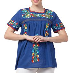 Raj Erina Embroidered Blouse Our Erina blouse is lightweight to keep you cool and comfortable with floral embroidery to add interest and detail to any outfit. Spring Chikankari Embroidered Short Sleeve Blouse, Spring Short Sleeve Blouse With Chikankari Embroidery, Relaxed Fit Blouse With Floral Embroidery And Short Sleeves, Spring Embroidered Neckline Crew Neck Top, Spring Crew Neck Blouse With Embroidered Hem, Spring Crew Neck Top With Embroidered Neckline, Blue Floral Embroidered Crew Neck Top, Spring Floral Embroidery Peasant Top In Relaxed Fit, Spring Floral Embroidered Peasant Top With Relaxed Fit