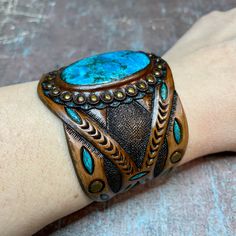 Southwestern Concho Cuff Bracelet Gift, Brown Southwestern Jewelry With Patina, Southwestern Brown Jewelry With Patina, Bohemian Turquoise Hand Painted Jewelry, Turquoise Bohemian Hand Painted Jewelry, Hand Painted Bohemian Bangle Jewelry, Bohemian Hand-painted Bangle Jewelry, Bohemian Hand Painted Bangle Jewelry, Artisan Concho Bracelets For Gift