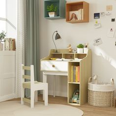 a room with a desk, chair and bookshelf on the wall next to a window