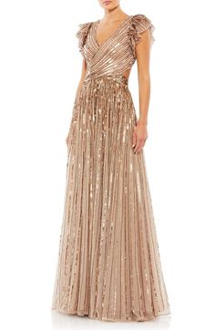 Flowy Gown, Cap Sleeve Gown, Designer Formal Dresses, Cutout Gown, Sequin Formal Dress, Sequin Evening Dresses, Mac Duggal, Gowns With Sleeves, A Line Gown