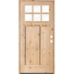 a wooden door with glass panels on the top and bottom panel, in front of a white background