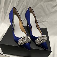 Brand New Women Shoes Blue Rhinestone Wedding Shoes For Formal Occasions, Blue Rhinestone Wedding Shoes, Blue Wedding Shoes With Rhinestones, Blue Embellished Shoes For Formal Occasions, Glamorous Blue High Heel Wedding Shoes, Blue Embellished Wedding Shoes For Formal Occasions, Blue Glamorous Wedding Shoes For Party, Blue Embellished Wedding Shoes, Glamorous Blue Heels For Weddings