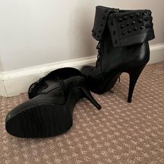 Sexy Black Leather High Heel Boots With Studded Leather Uppers. Edgy Fitted Ankle-high Boots, Edgy Lace-up Heeled Boots For Night Out, Punk Style High Heeled Boots For Night Out, Punk Ankle Boot Heels For Night Out, Punk Style Ankle Boot Heels For Night Out, Edgy High Ankle Heels For Party, Leather Punk Heels, Edgy Fitted Platform Boots For Evening, Fitted Edgy Platform Boots For Evening