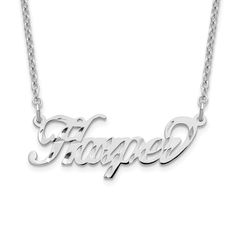 There's nothing more personal than a piece of jewelry with your name on it. This personalized polished, diamond-cut fancy small script name necklace is crafted in a variety of metals and can be customized with up to 9 characters to make this piece of jewelry truly one of a kind. The pendant height is approximately 10 mm (about 1/2 inch) in height and the width of a 6 character pendant is approximately 32 mm (about 1 inch). Includes a matching chain and it is made in the USA. Bow Jewelry, Gold Polish, Jewelry Companies, Black Bow, Name Plate, Name Necklace, Diamond Cut, Your Name, Rhodium Plated