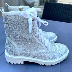 Nwt White Rhinestone Boots, Faux Fur Shoe Tongue, Side Zip Entry, White Rubber Sole. These Are Sparkly And Really Catch The Light. Women’s Size 6.5 Sparkly Combat Boots, Rainbow Boots, Crystal Boots, Bling Boots, Combat Boots Women, Sparkly Boots, Rhinestone Boots, White Combat Boots, Studded Combat Boots