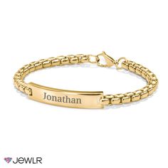 Personalize the perfect statement gift for any occasion. Engrave the front of this classic ID bracelet with a name or a special date and add a meaningful message to the back. Crafted in yellow ion-plated stainless steel, this men's bracelet features a rounded box chain and a choice of three sizes for just the right fit. Cheap Gold Bracelet With Custom Text, Cheap Gold Bracelets With Custom Text, Classic Bracelets With Engraving Option, Classic Stainless Steel Jewelry With Engraving Option, Classic Gold Bracelet With Engraving Option, Personalized Classic Yellow Gold Bracelet, Classic Stainless Steel Chain Bracelet, Classic Gold Engraved Name Bracelet, Classic Gold Name Bracelet In Stainless Steel