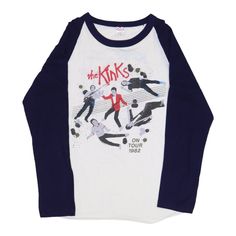 a white and blue shirt with an image of the kinks on it