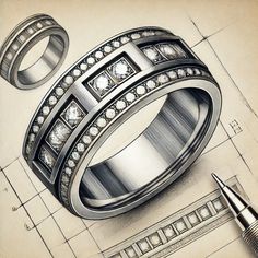 This bold geometric men's ring finds its perfect companion in an elegant matching band. Crafted from premium white gold and rose gold accents, the main ring features eye-catching rectangular diamond settings, while the matching band showcases delicate micro-pavé diamonds and subtle rectangular engravings for a harmonious look.