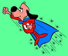 a cartoon dog flying through the air with a cape on his head and wearing a superman costume