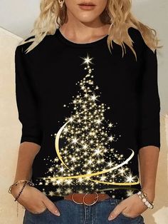 Christmas tree Crew Neck T-shirt | zolucky Christmas Tops, Round Neck Shirt, Holiday Tops, Long Sleeve Tops Casual, Round Neck Tees, Tees For Women, Crew Neck Shirt, Zambia, Personal Shopper