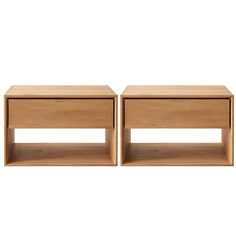 two small wooden tables sitting next to each other on top of a white background,